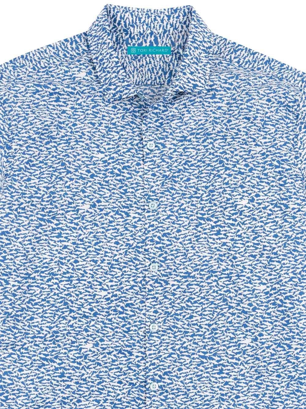Tori Richard White and Blue Micro Shark-Print Button-Down Shirt 2XL (Like New)